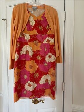 Talbots Sleeveless Floral Print Cotton Dress and Sweater Set - 8P